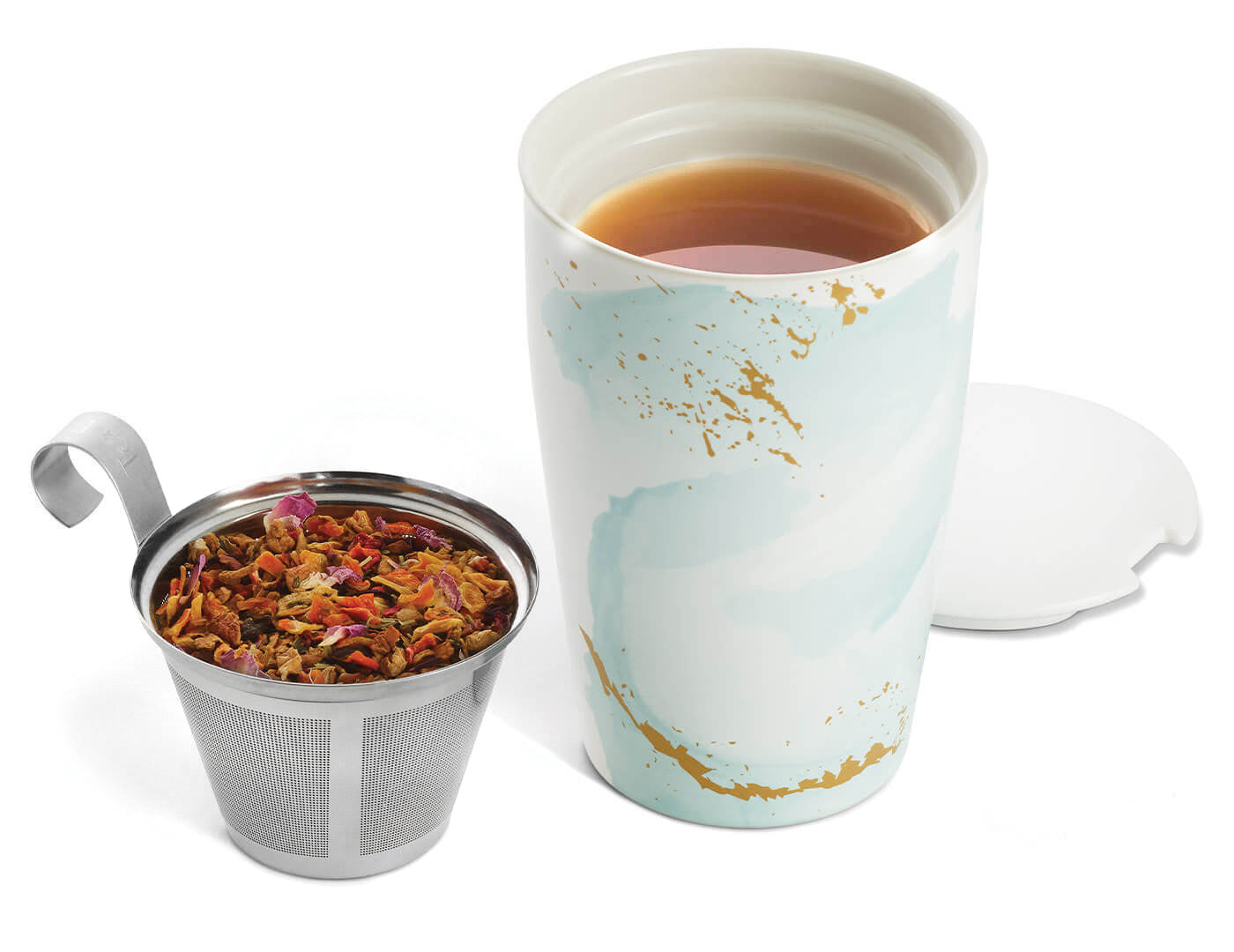 Wellbeing KATI Steeping Cup with infuser basket out full of tea and steeped tea inside the cup