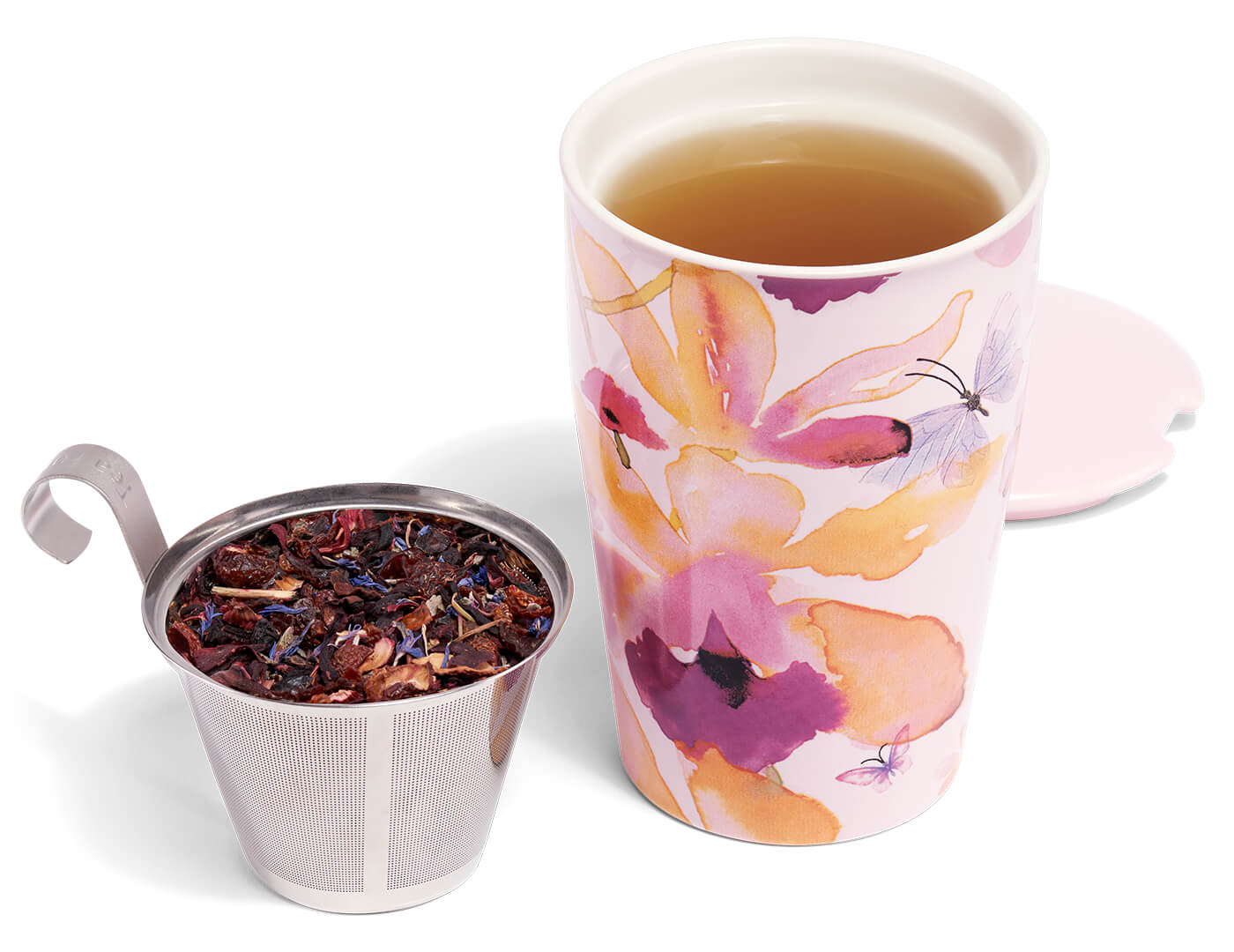 Mariposa Kati Steeping Cup & Infuser, cup open with tea inside and infuser with loose tea leaves inside