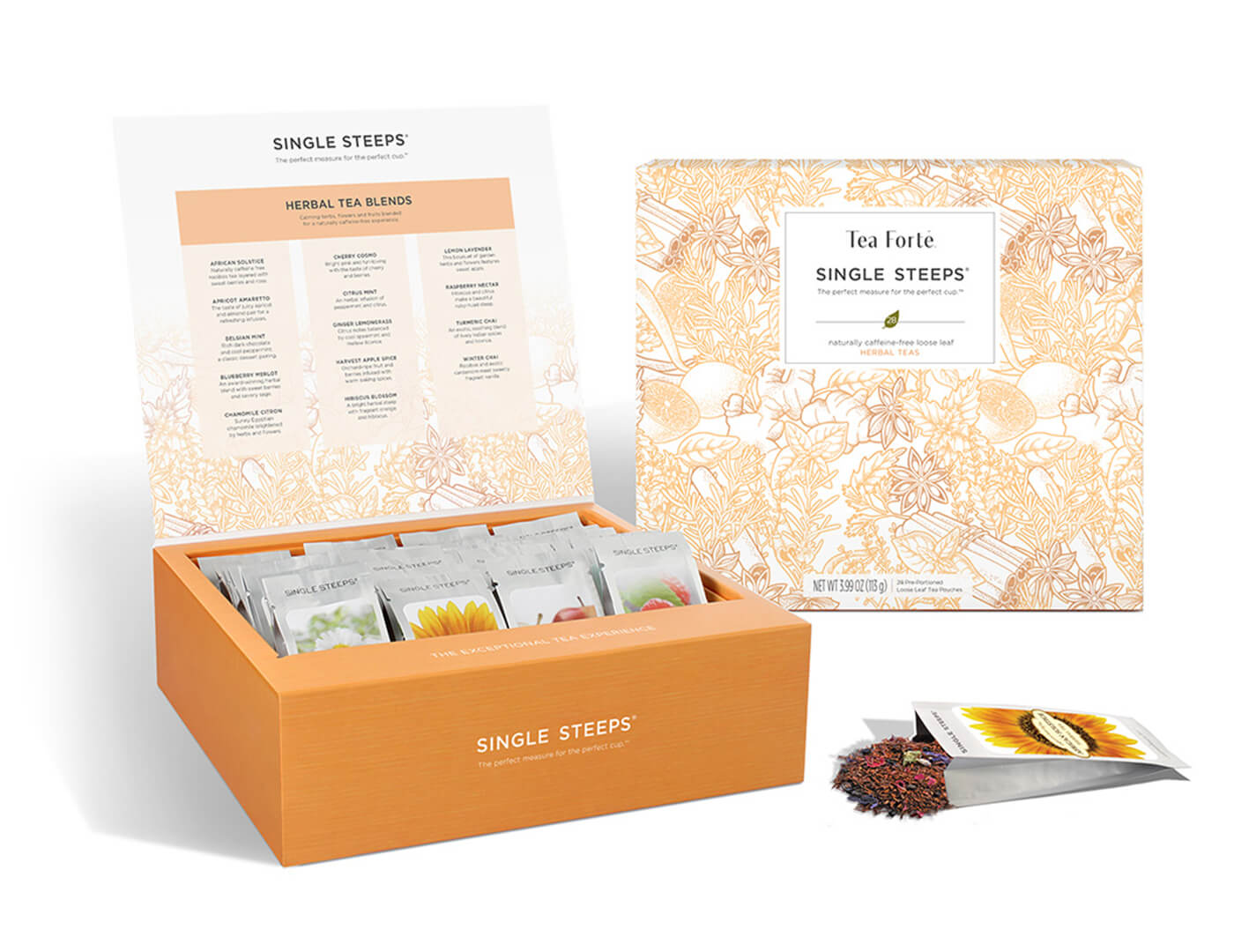 Herbal tea assortment in a 28 count chest of Single Steeps pouches with lid open