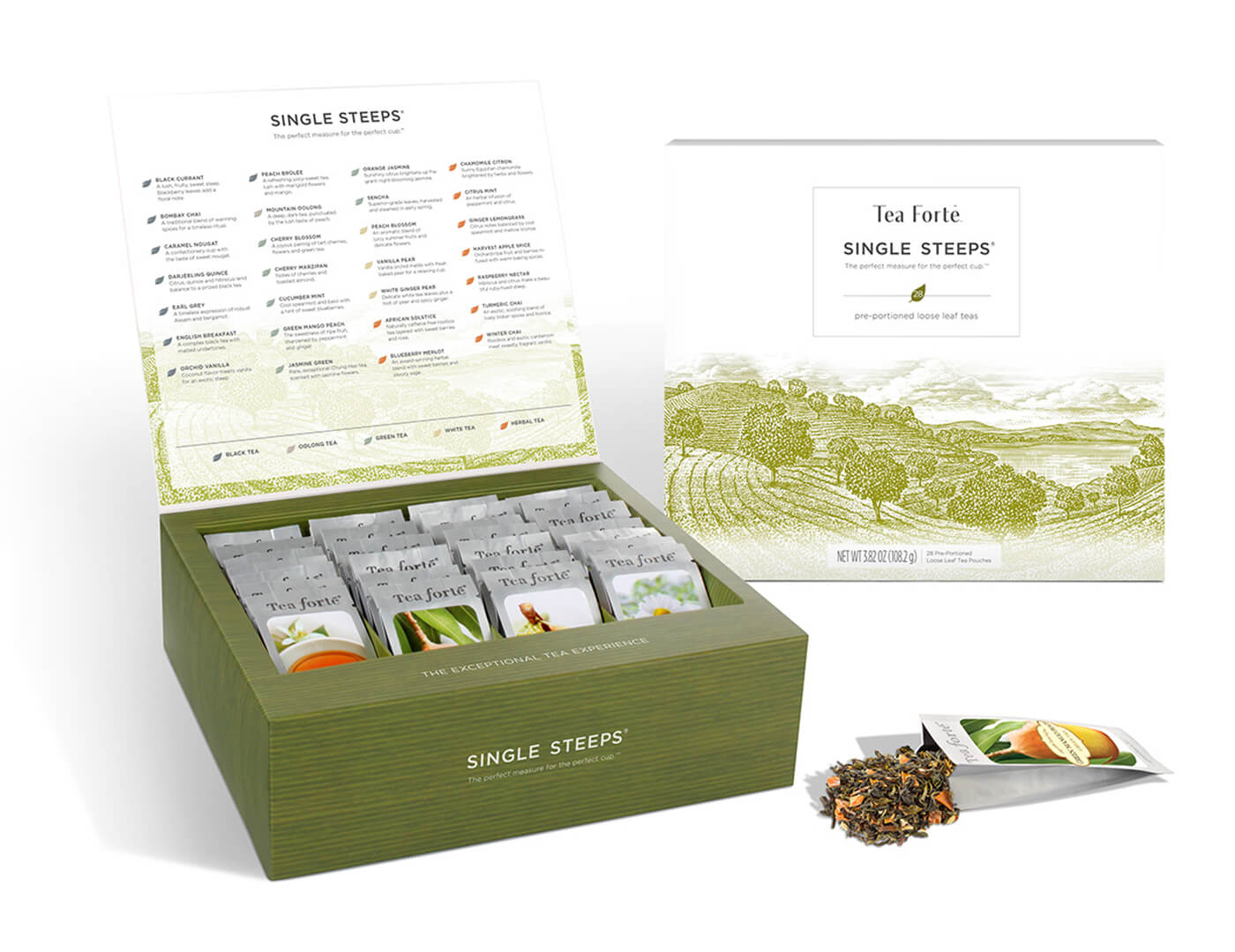 Single Steeps tea assortment in a 28 count chest of Single Steeps pouches with lid open