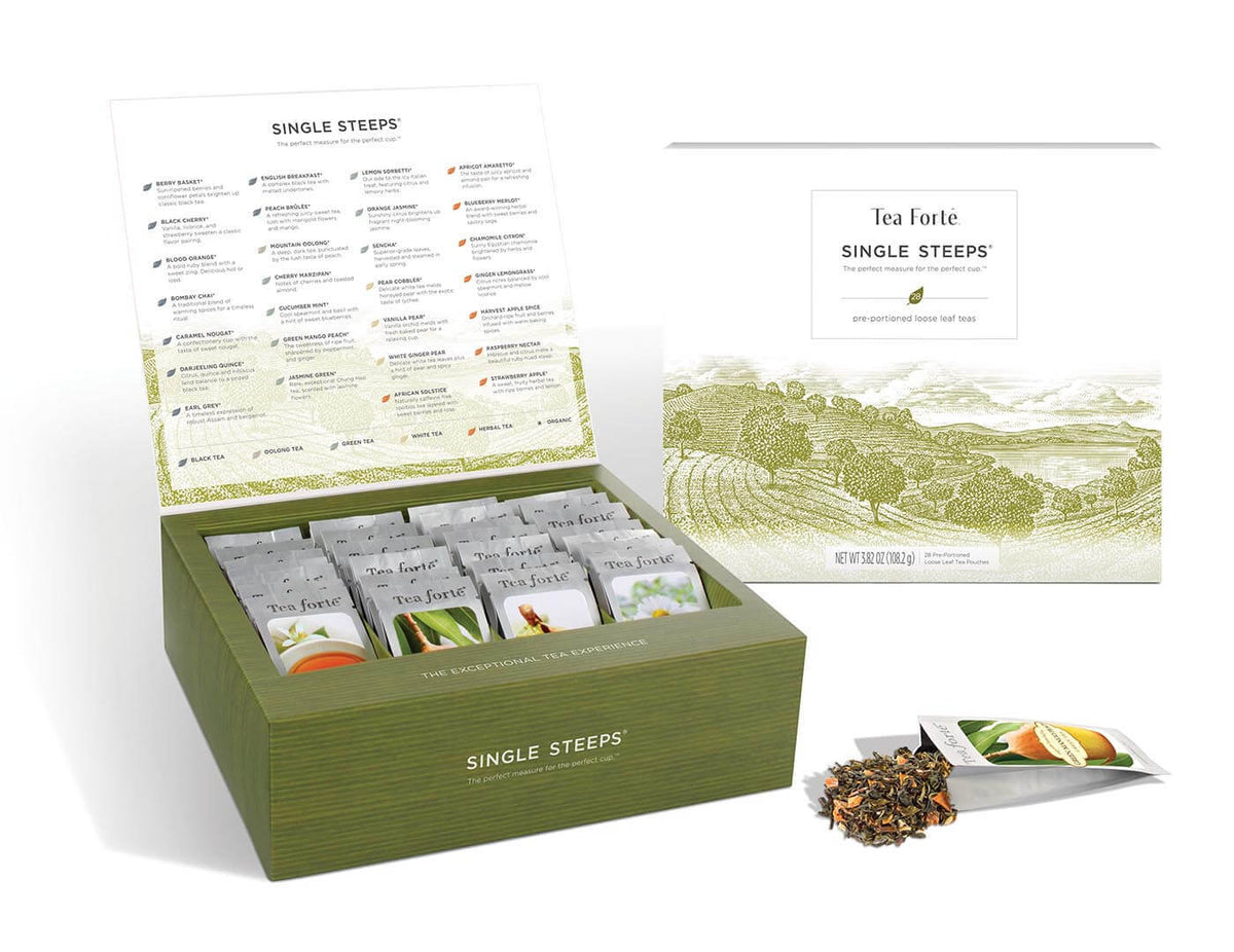 Single Steeps Sampler Tea Chest, box open and closed with open pouch