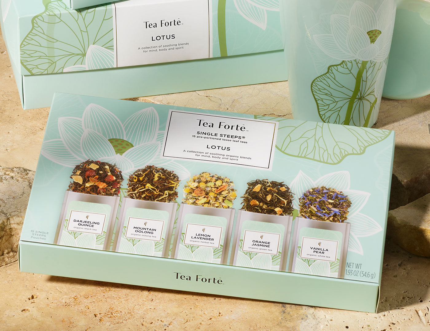 Lotus Single Steeps Sampler of 15 loose tea pouches, closed with other Lotus products