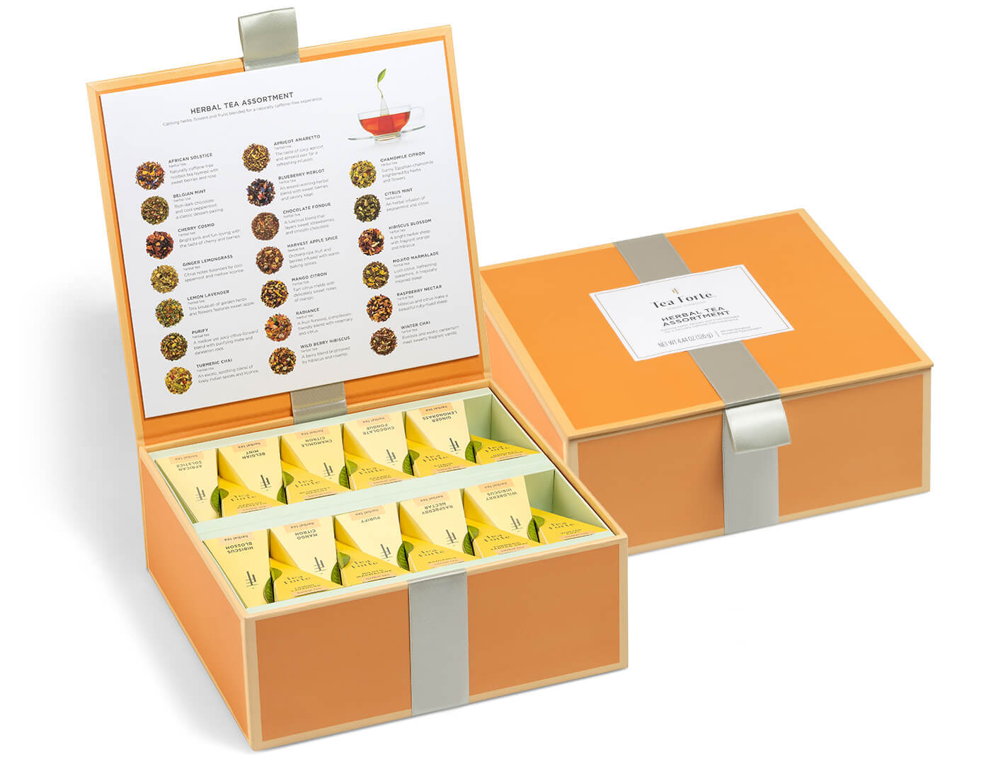 Herbal Tea Chest, closed and open box of 40 pyramid tea infusers