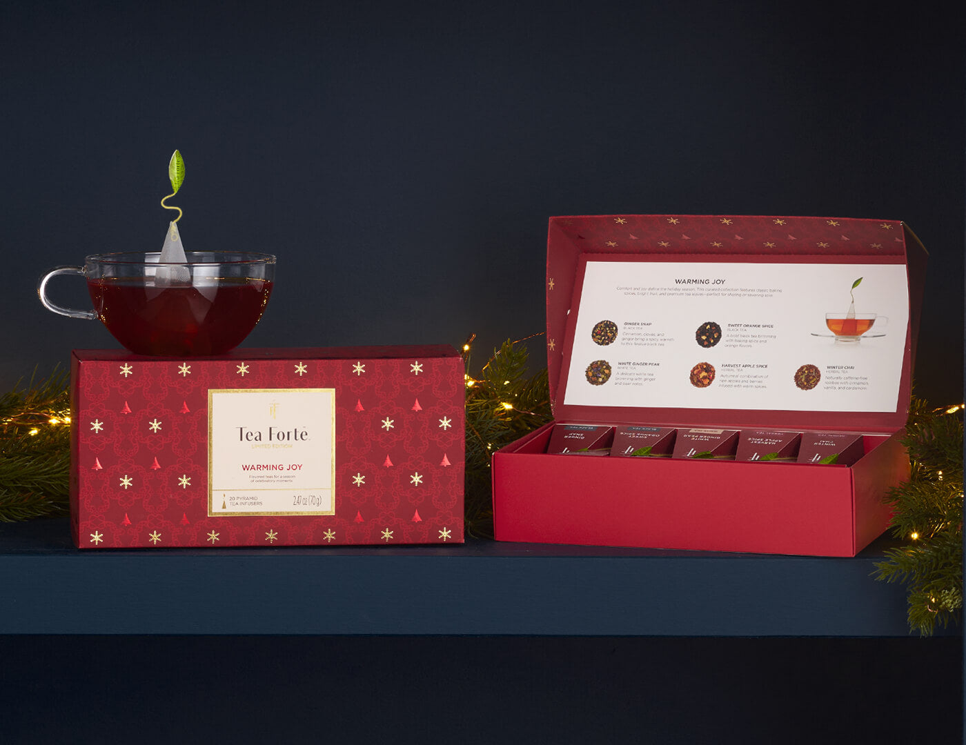 Petite Presentation Box Warming Joy, open and closed box with glass cup of tea