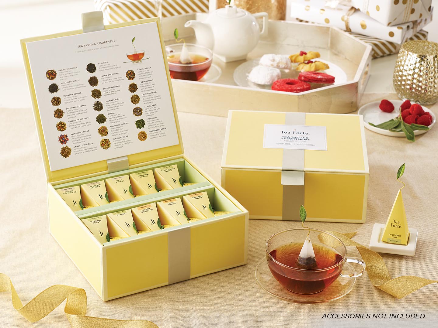 Tea Tasting tea assortment in a 40 count tea chest of pyramid infusers on table