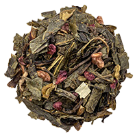 Loose leaf tea blend with dried herbs, flowers, and red fruit pieces mixed together.