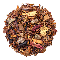 Loose tea blend with dried apple pieces, cinnamon sticks, and red flower petals on white background.