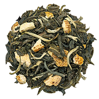 Loose leaf green tea blend with dried jasmine flowers and orange peel pieces.