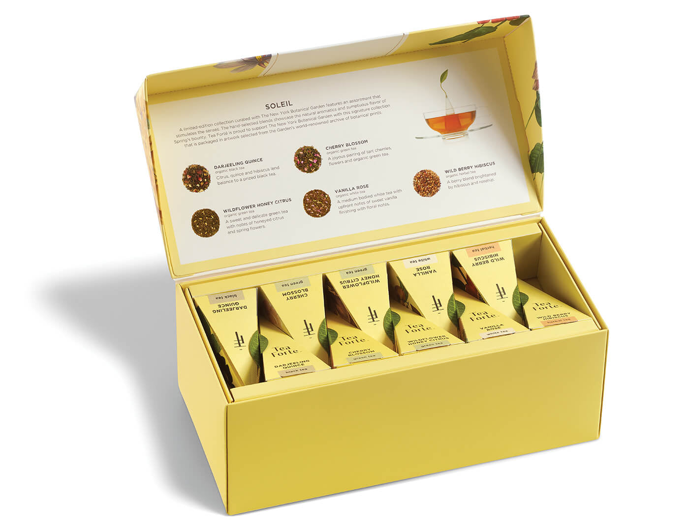 Soleil tea assortment in a 20 count presentation box with lid open