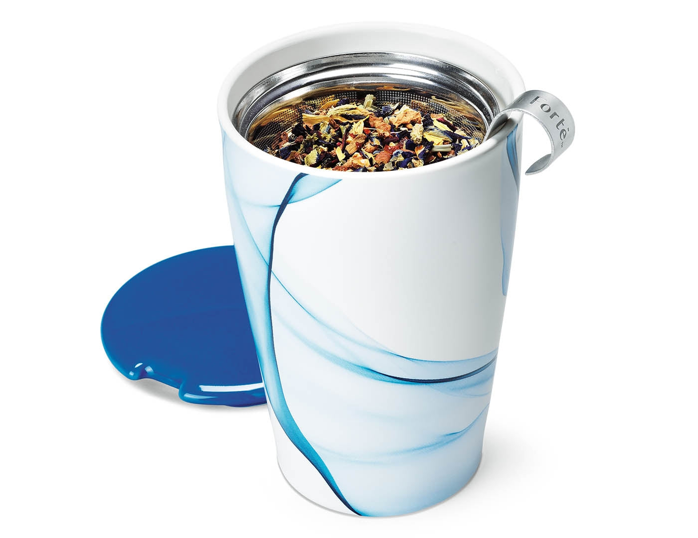 Bleu design KATI® Steeping cup with infuser showing stainless steel infuser with tea leaves