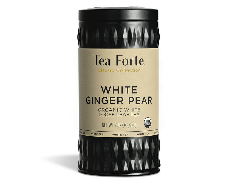 White Ginger Pear tea in a canister of loose tea