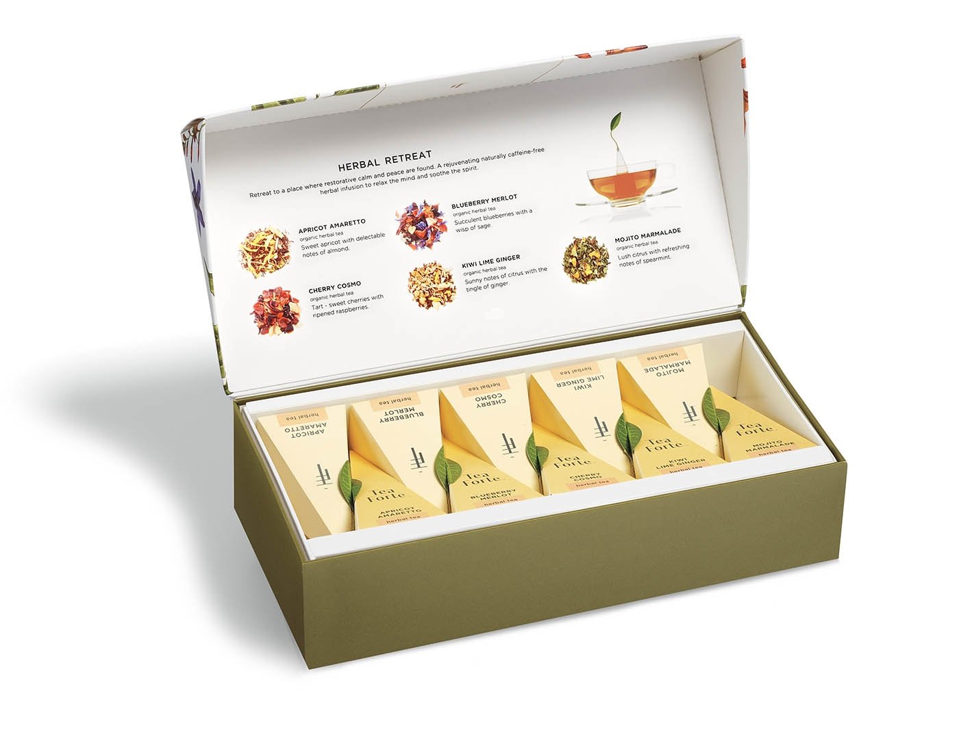 Herbal Retreat tea assortment in a 10 count petite presentation box with lid open