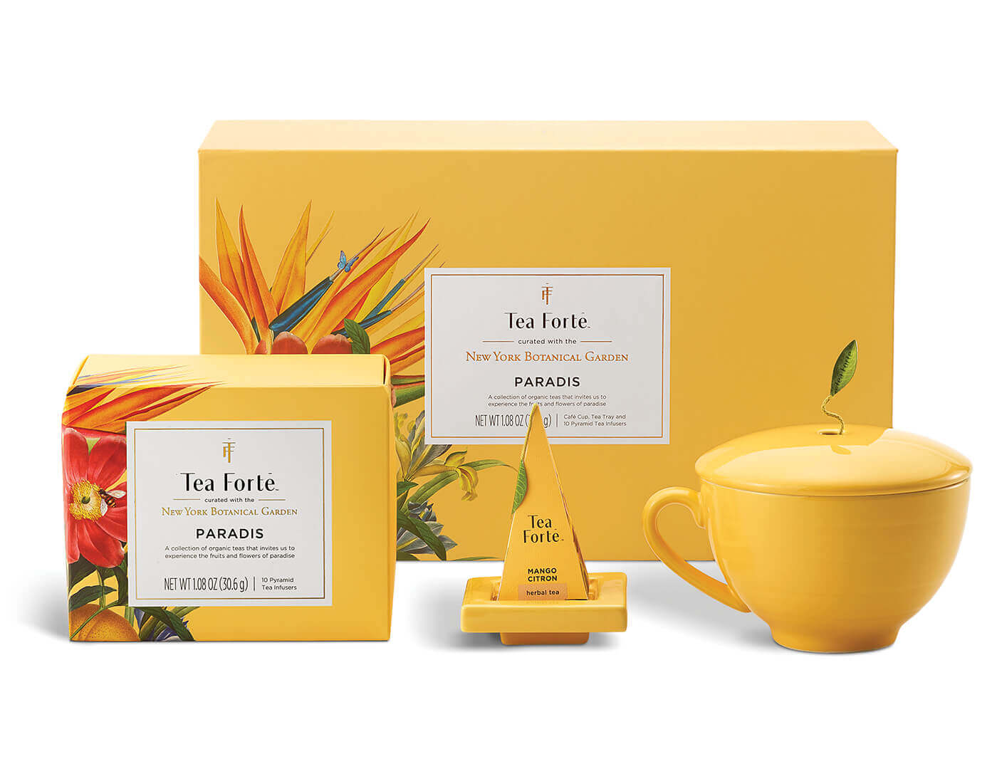 Paradis Gift Set box with Mini Petite, infuser on a Mango Tea Tray and Mango Café Cup