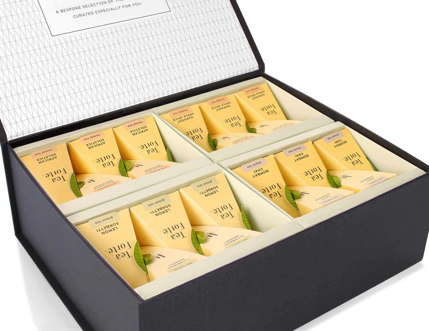 Tea Forté Select Chest of 40 pyramid tea infusers, open from side