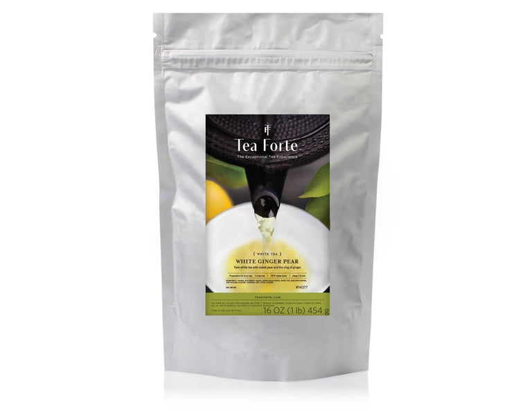 White Ginger Pear tea in a one pound pouch of loose tea
