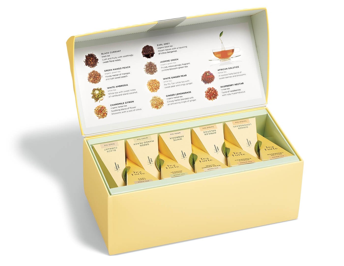 Tea Tasting tea assortment in a 20 count presentation box with lid open