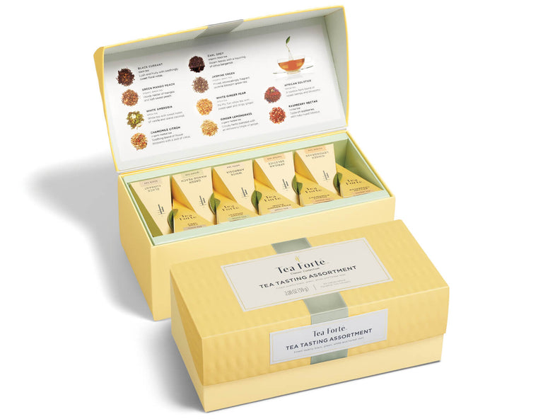 Opened Tea Tasting Assortment Presentation box showing pyramid infusers