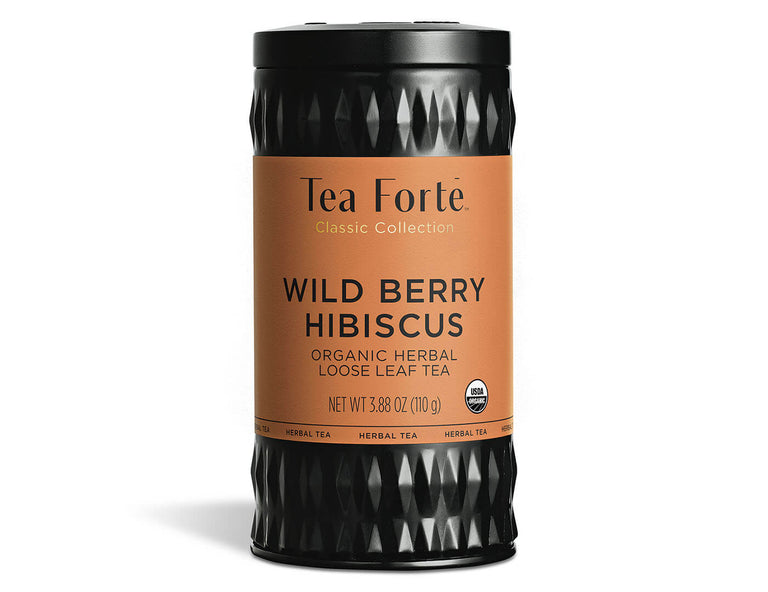 Wild Berry Hibiscus tea in a canister of loose tea